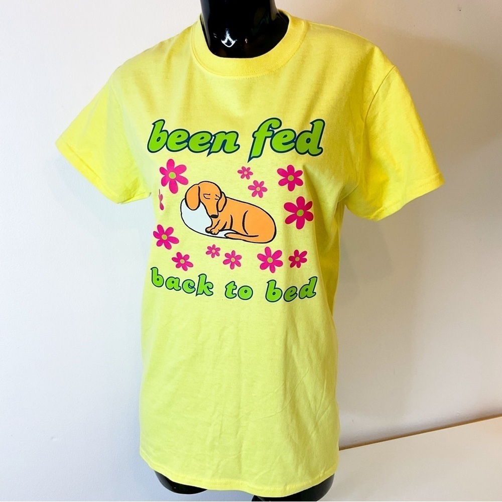 HANDMADE Doxie "Been Fed Back To Bed" butter yellow Cotton tee